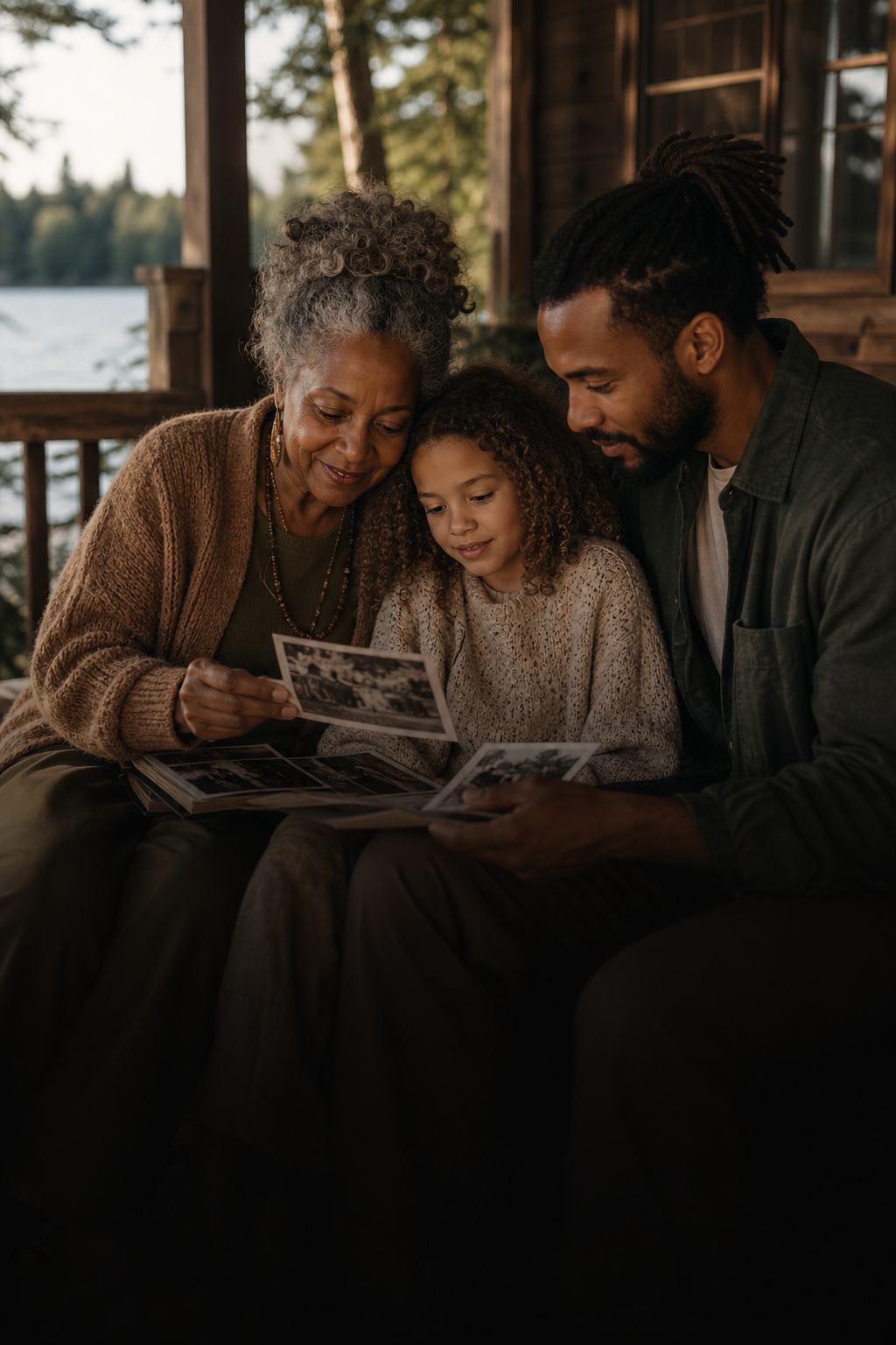 Illustration of three generations looking through family photographs together.